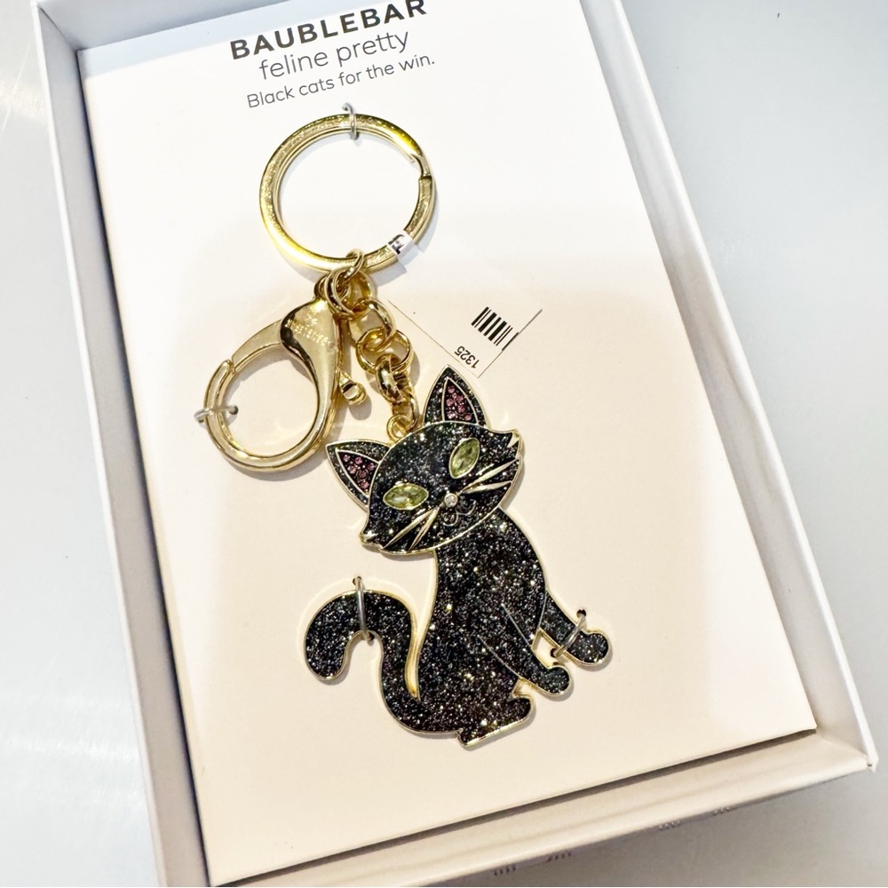BaubleBar Glittery Black Cat Halloween Keychain NIB